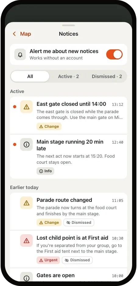 All notices: the east gate closure and a main stage delay are active; earlier notices are listed below.