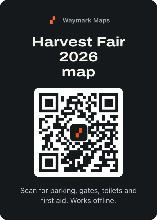 Gate poster for Harvest Fair 2026 with a QR code.