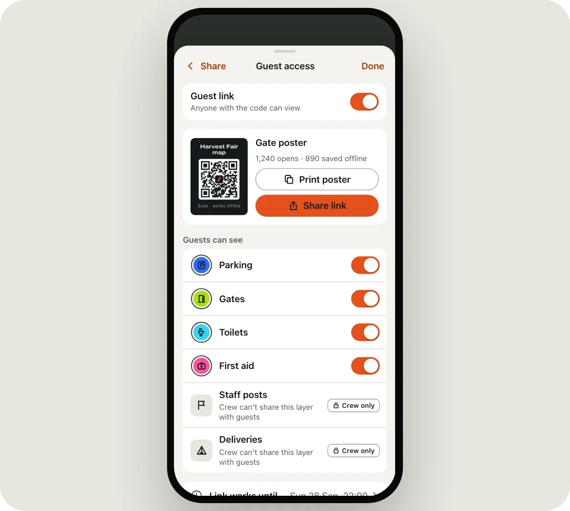The Guest access screen on iPhone: the guest link is on, parking, gates, toilets and first aid are shared, staff posts and deliveries are crew only.