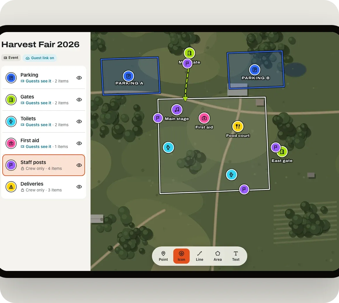 The organizer’s iPad: Harvest Fair 2026 on a satellite map with parking, gates, toilets, first aid, staff posts and deliveries as layers.